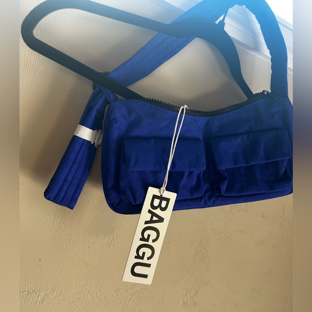 BAGGU Lapis Cargo Shoulder Bag Deep Blue Nylon Bag with Front Pockets